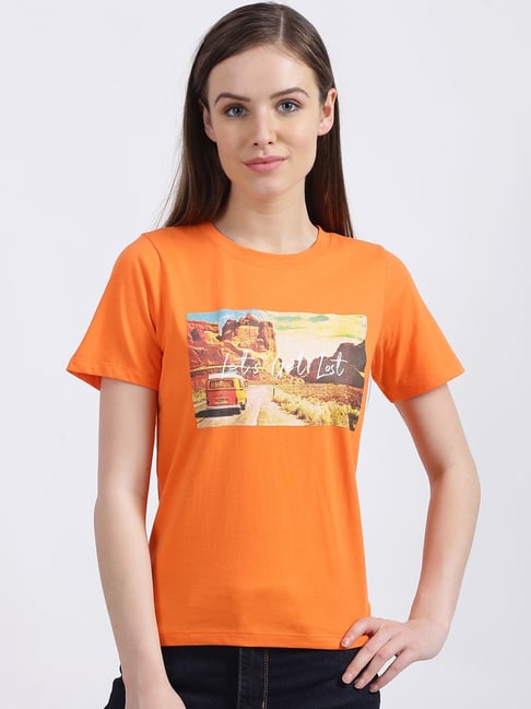 Zink London Orange Graphic Print T-Shirt Price in India