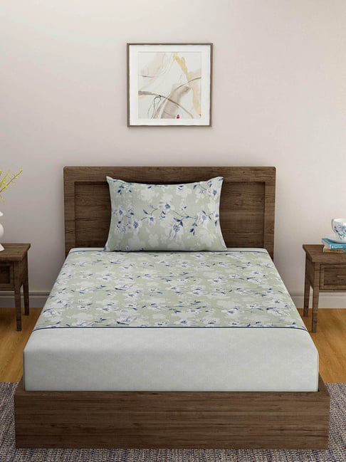 Swayam SPARKLE Floral Green & White 144 TC Cotton Single Bedsheet with 1 Pillow Cover-picture-18