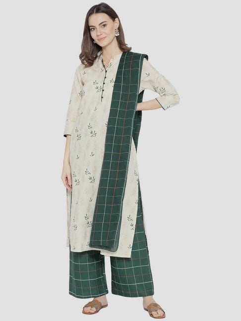 Sringam White & Green Cotton Printed Kurta Palazzo Set With Dupatta Price in India