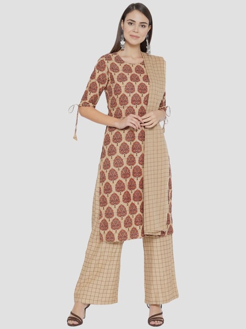 Sringam Beige & Brown Printed Kurta Palazzo Set Price in India