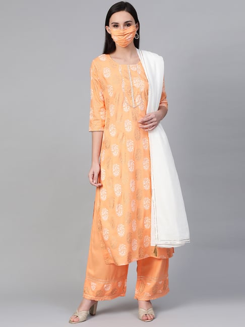 Sringam Peach Cotton Printed Kurta Palazzo Set With Dupatta & Mask Price in India