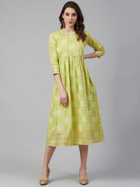 Sringam Green Cotton Printed A-Line dress Dress Price in India