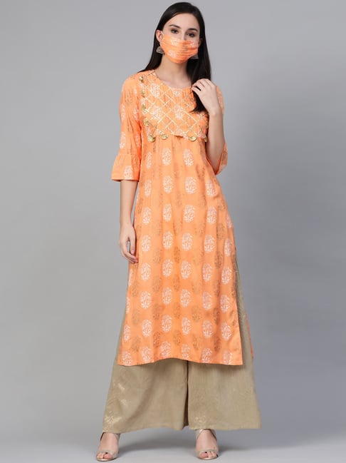 Sringam Peach Printed Straight Kurta With Mask Price in India