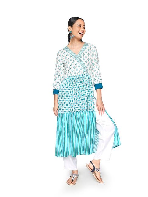 Global Desi Blue & White Printed Kurta