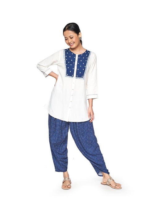 Global Desi White & Blue Embroidered Tunic