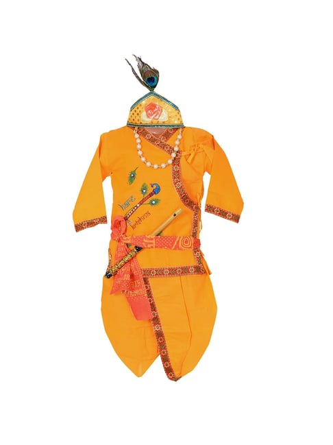 Ahhaaaa Kids Yellow Embroidered Kurta, Dhoti, Pagri with Flute-picture-36