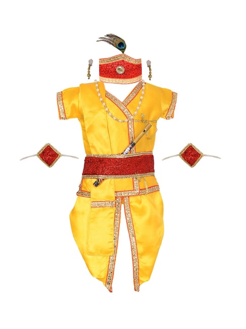 Ahhaaaa Kids Yellow Embroidered Kurta, Dhoti, Pagri, Flute& Set-picture-35