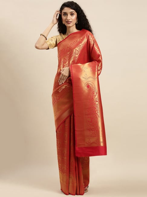 Sharaa Ethnics Red Kanjeevaram Saree With Blouse Price in India