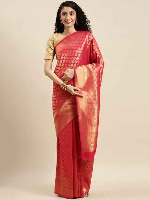 Sharaa Ethnics Pink Kanjeevaram Saree With Blouse Price in India