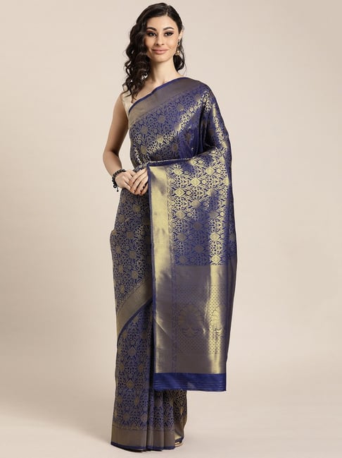 Sharaa Ethnics Blue Kanjeevaram Saree With Blouse Price in India