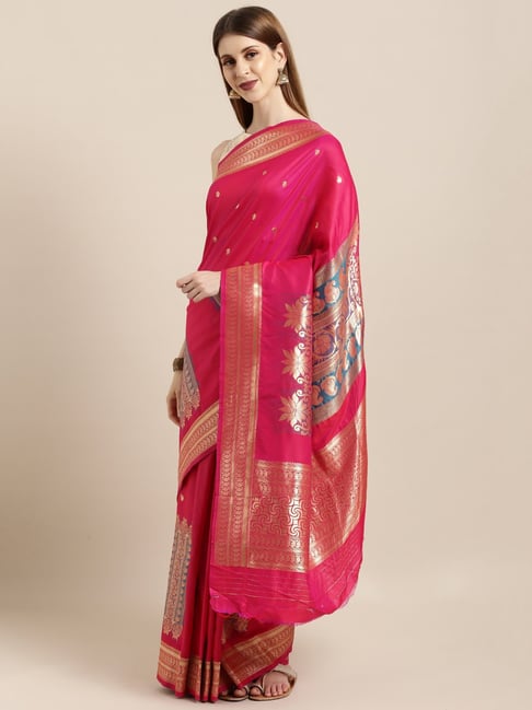 Sharaa Ethnics Pink Kanjeevaram Saree With Blouse Price in India