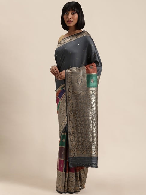 Sharaa Ethnics Grey Kanjeevaram Saree With Blouse Price in India