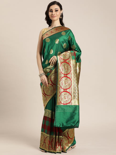 Sharaa Ethnics Green Kanjeevaram Saree With Blouse Price in India