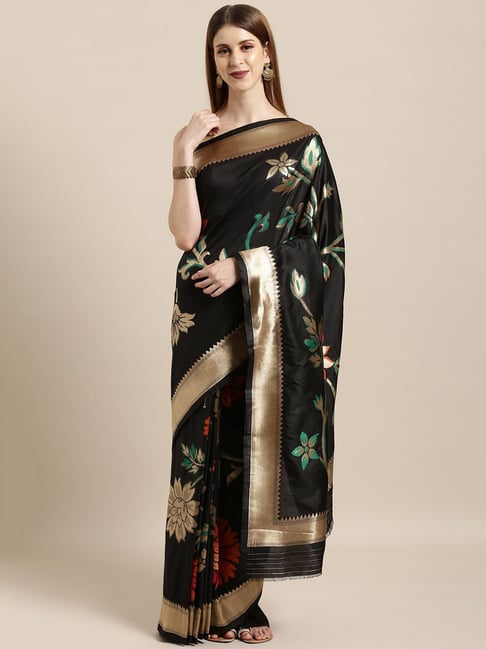 Sharaa Ethnics Black Kanjeevaram Saree With Blouse Price in India