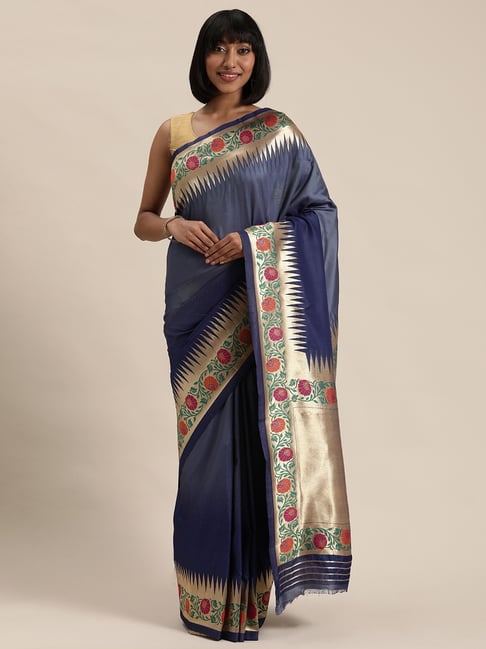 Sharaa Ethnics Blue Kanjeevaram Saree With Blouse Price in India