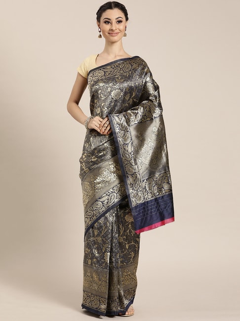 Sharaa Ethnics Blue Banarasi Silk Saree With Blouse Price in India