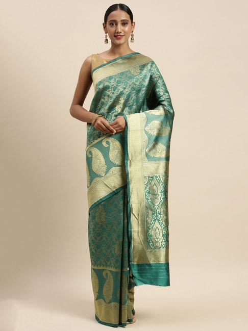 Sharaa Ethnics Green Banarasi Silk Saree With Blouse Price in India