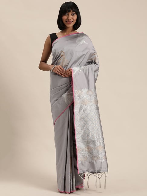 Sharaa Ethnics Grey Kanjeevaram Saree With Blouse Price in India