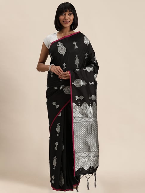 Sharaa Ethnics Black Kanjeevaram Saree With Blouse Price in India