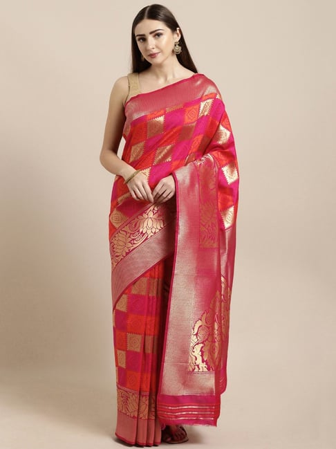 Sharaa Ethnics Pink Kanjeevaram Saree With Blouse Price in India