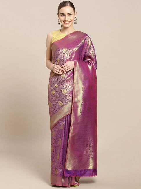 Sharaa Ethnics Purple Kanjeevaram Saree With Blouse Price in India