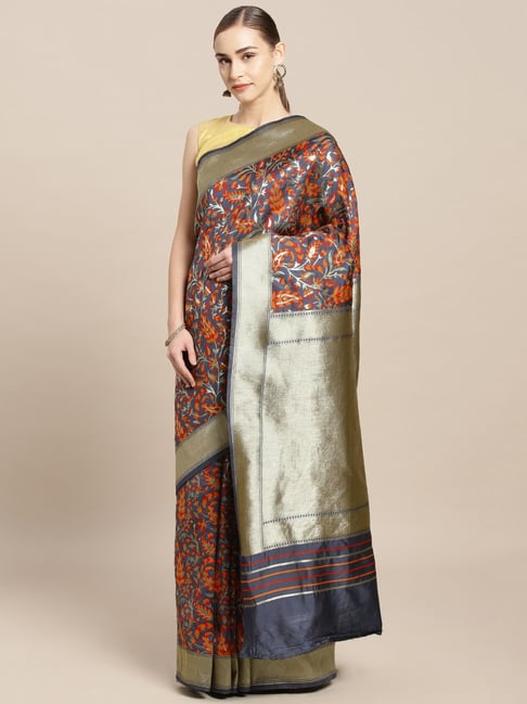 Sharaa Ethnics Grey Kanjeevaram Saree With Blouse Price in India