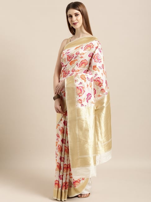 Sharaa Ethnics White Kanjeevaram Saree With Blouse Price in India