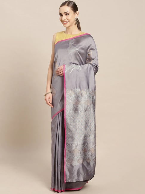 Sharaa Ethnics Grey Kanjeevaram Saree With Blouse Price in India