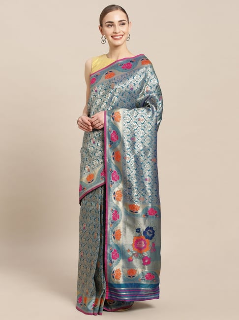 Sharaa Ethnics Turquoise Kanjeevaram Saree With Blouse Price in India