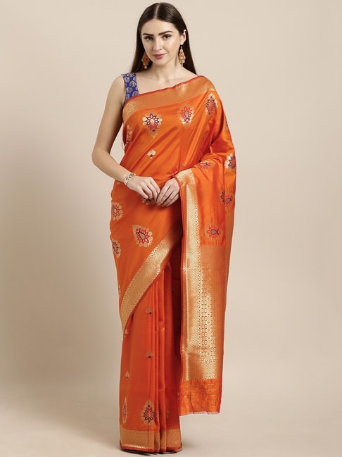Sharaa Ethnics Orange Kanjeevaram Saree With Blouse Price in India
