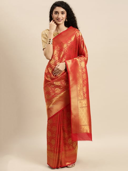 Sharaa Ethnics Red Kanjeevaram Saree With Blouse Price in India