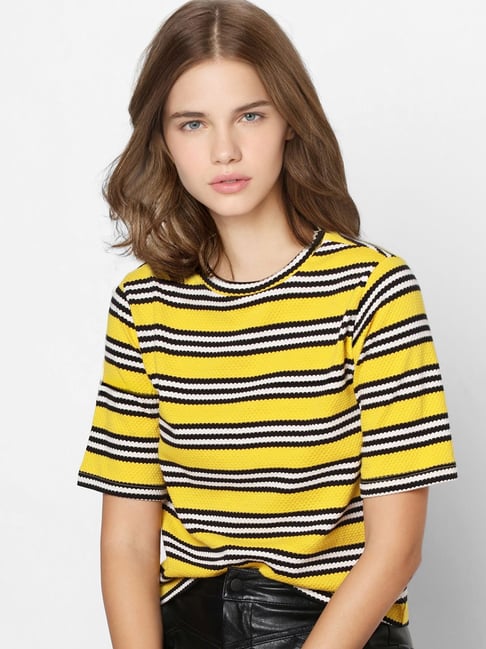 Only Lemon Cotton Striped T-Shirt Price in India