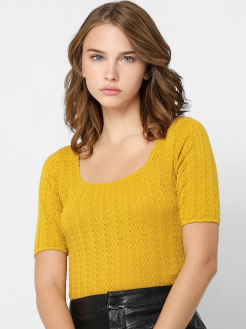 Only Lemon Curry Cotton Self Pattern Top Price in India