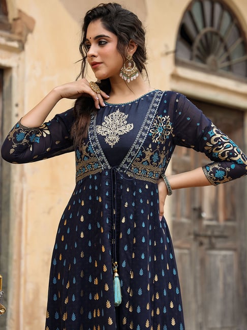 Juniper Navyblue Georgette Jacket Style 2 Pc Dress