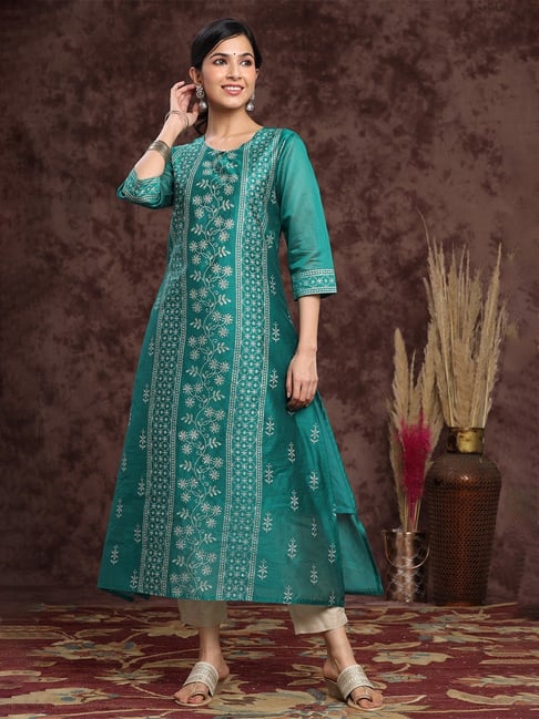 Juniper Ramagreen Modal Chanderi Printed Straight Kurta Price in India