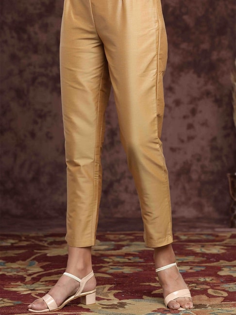 PATRORNA Gold Mid Rise Slim Fit Cigarette Trousers