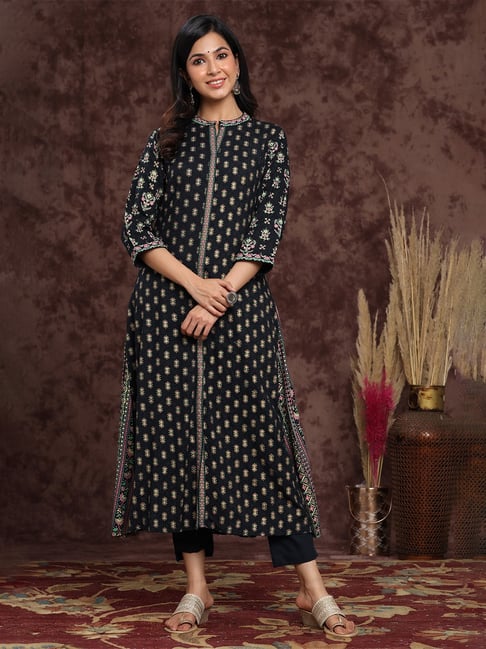 Juniper Darkblue Rayon Printed A-Line Kurta Sets Price in India