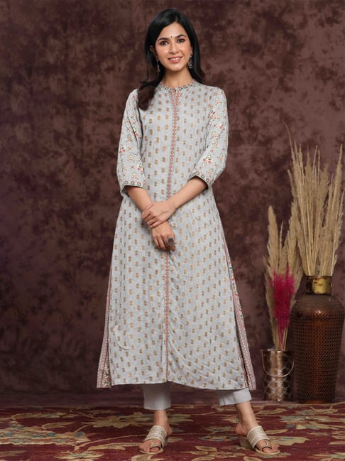 Juniper Grey Rayon Printed A-Line Kurta Sets Price in India