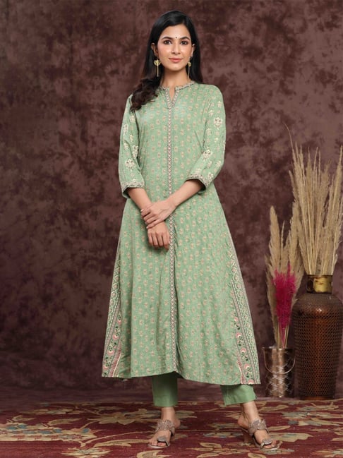 Juniper Pistagreen Rayon Printed A-Line Kurta Sets Price in India