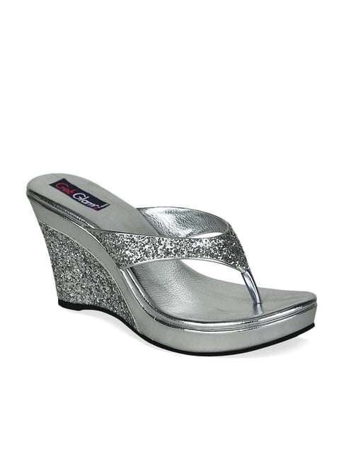 Get Glamr Women's Silver Thong Wedges