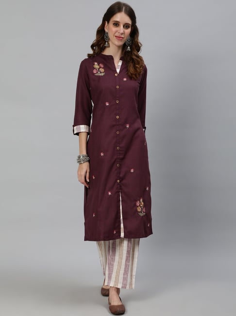 Aks Burgundy & Cream Embroidered Kurta Pant Set