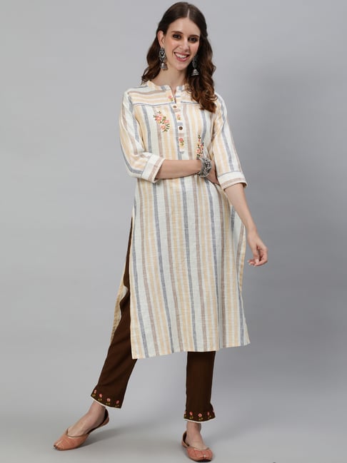 Aks Cream & Brown Embroidered Kurta Pant Set