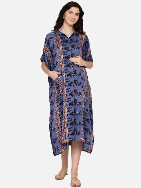 Mine4Nine Blue Floral Print Maternity Dress