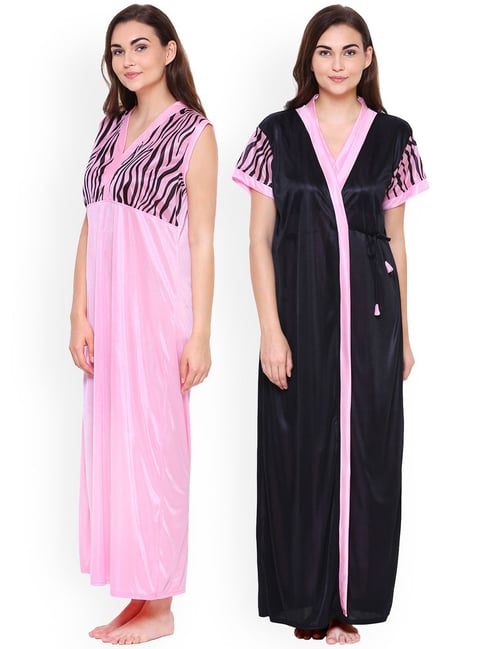 Buy Secret Wish Women Black Printed Satin Nighty with Robe (Free