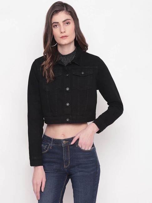Buy online Women Black Solid Denim Jacket from jackets and blazers and  coats for Women by Showoff for ₹2089 at 60% off | 2024 Limeroad.com