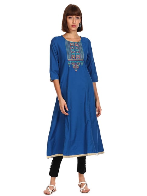 Anahi Blue Cotton Embroidered A Line Kurta