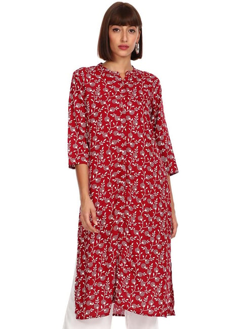 Karigari Red Cotton Printed Straight Kurta