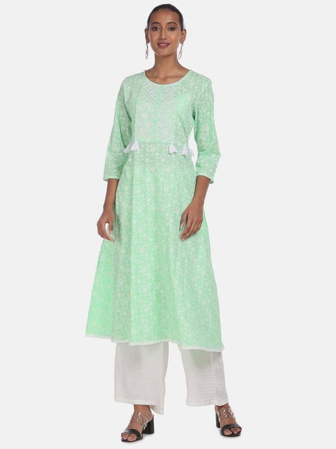 Anahi Green Cotton Embroidered A Line Kurta