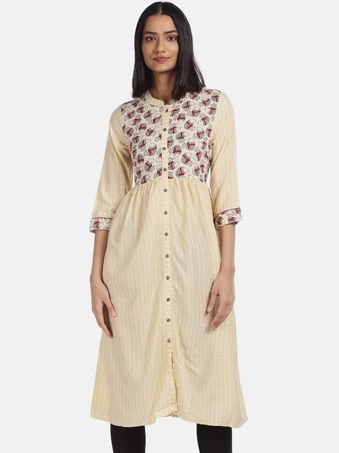 Karigari White Cotton Printed A Line Kurta