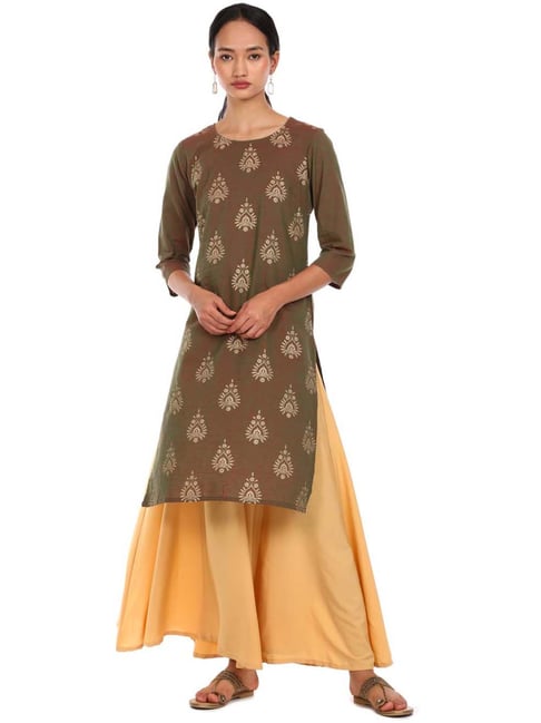 Karigari Olive Green Cotton Printed Straight Kurta